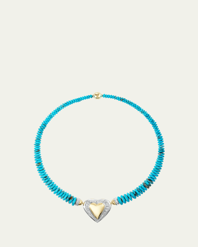Reworked Vintage 18K Gold Heart Necklace with Diamonds and Turquoise